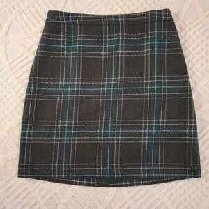LOFT Grey Teal Plaid Wool Blend A-Line Mini Skirt Size 6 Lined Back Zip